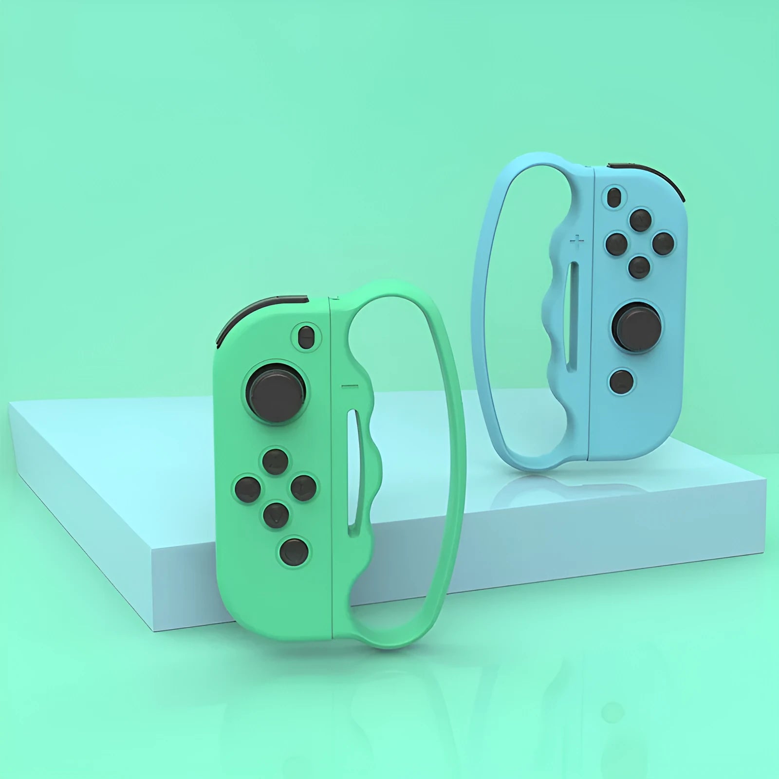 Two Nintendo Switch Joy-Con grips with hand ropes for boxing games