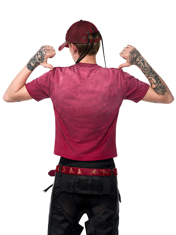 Red men's slim-fit t-shirt with distressed detailing and short sleeves