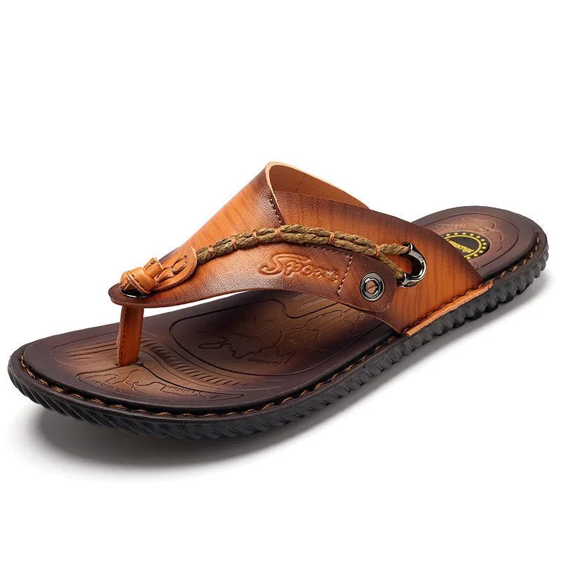 Men's dark blue herringbone pattern outdoor slippers with a leather lining and rubber sole.