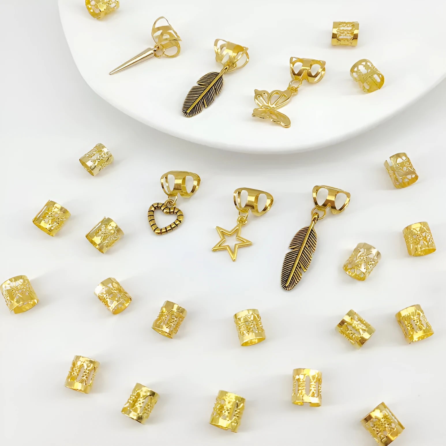 26-piece pack of antique style dirty braid hair rings in electroplated gold or silver alloy