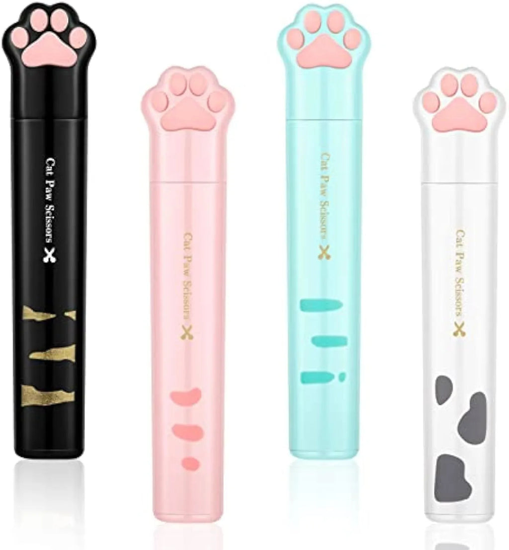 Closed folding mini scissors with cat paw design on handles in blue, pink, black, and white colour options.
