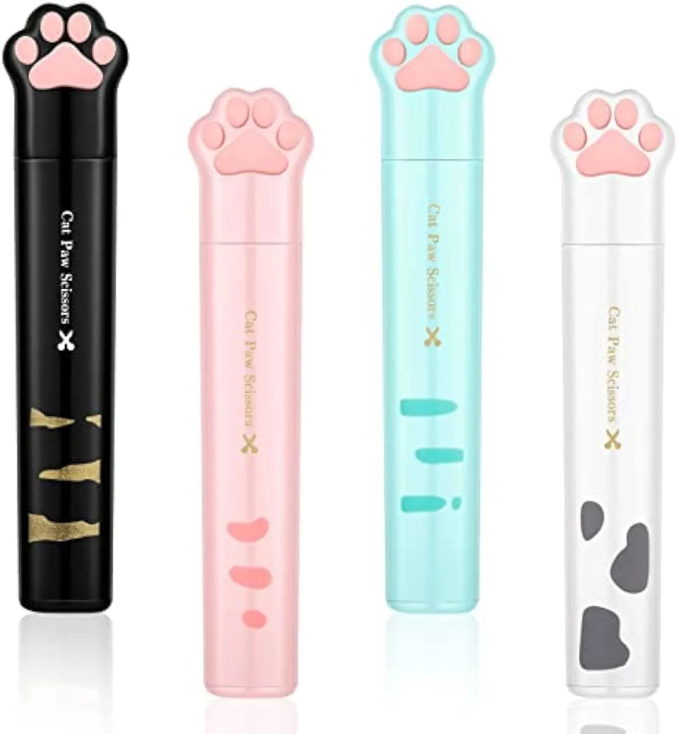 Closed folding mini scissors with cat paw design on handles in blue, pink, black, and white colour options.