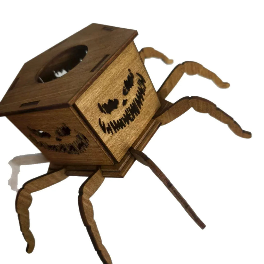 Wooden Halloween spider mini lantern candlestick decoration measuring 21cm tall
