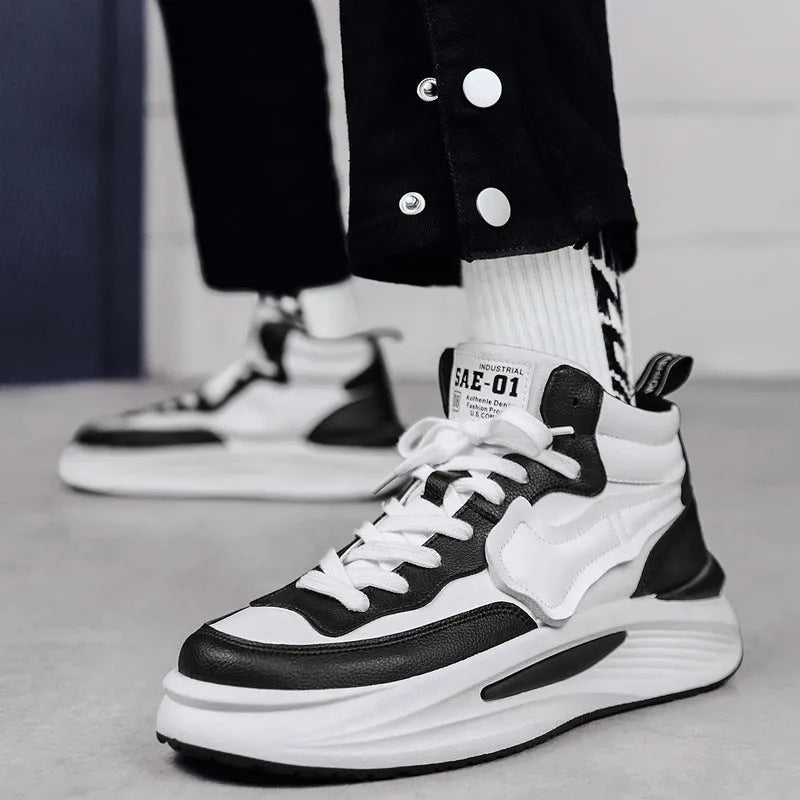 Men's black and white high-top platform board shoes with round toe and PU upper