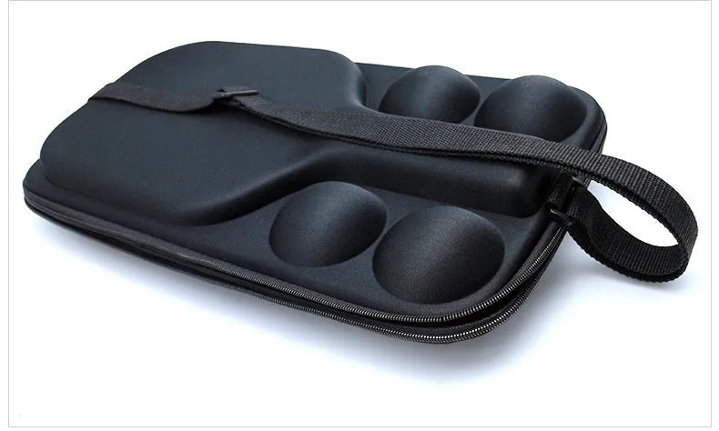 Black EVA pickleball racket storage box with double shoulder straps, shown holding a paddle and balls.