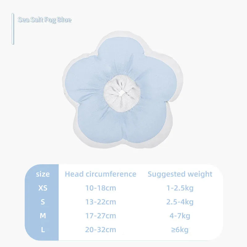 Blue cotton cat recovery collar with a solar-powered flower, shown with adjustable elastic strap and ties.