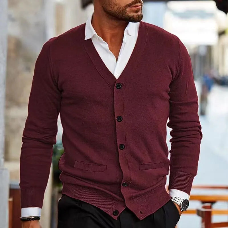 Men's slim-fit acrylic cardigan sweater coat in a choice of six colours.