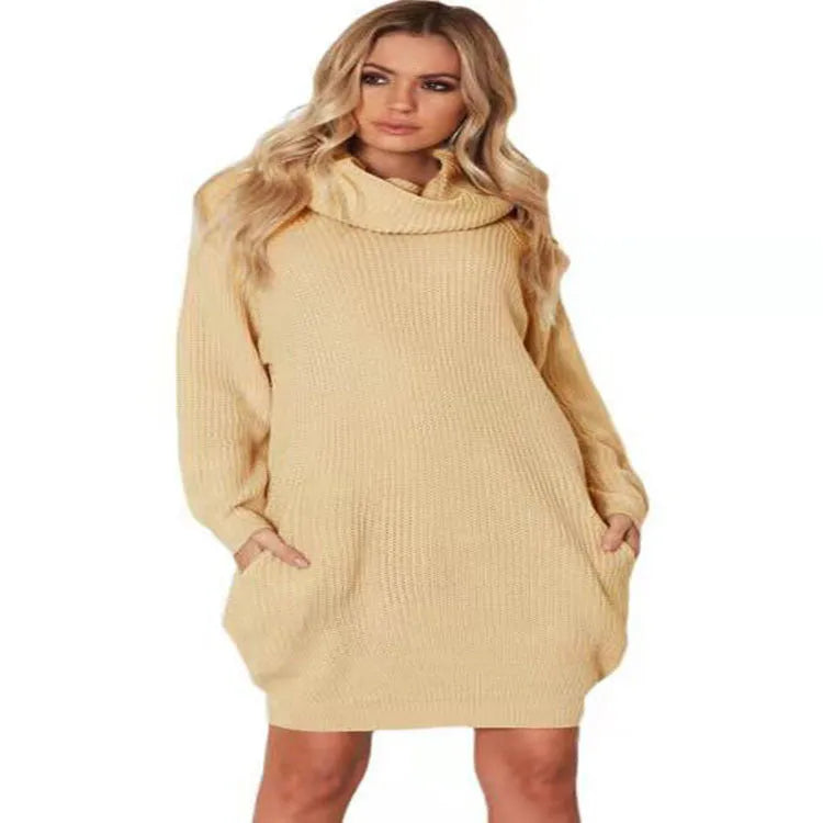 Women's lapel-collar pullover sweater in acrylic fibre with side pockets, shown in apricot colour