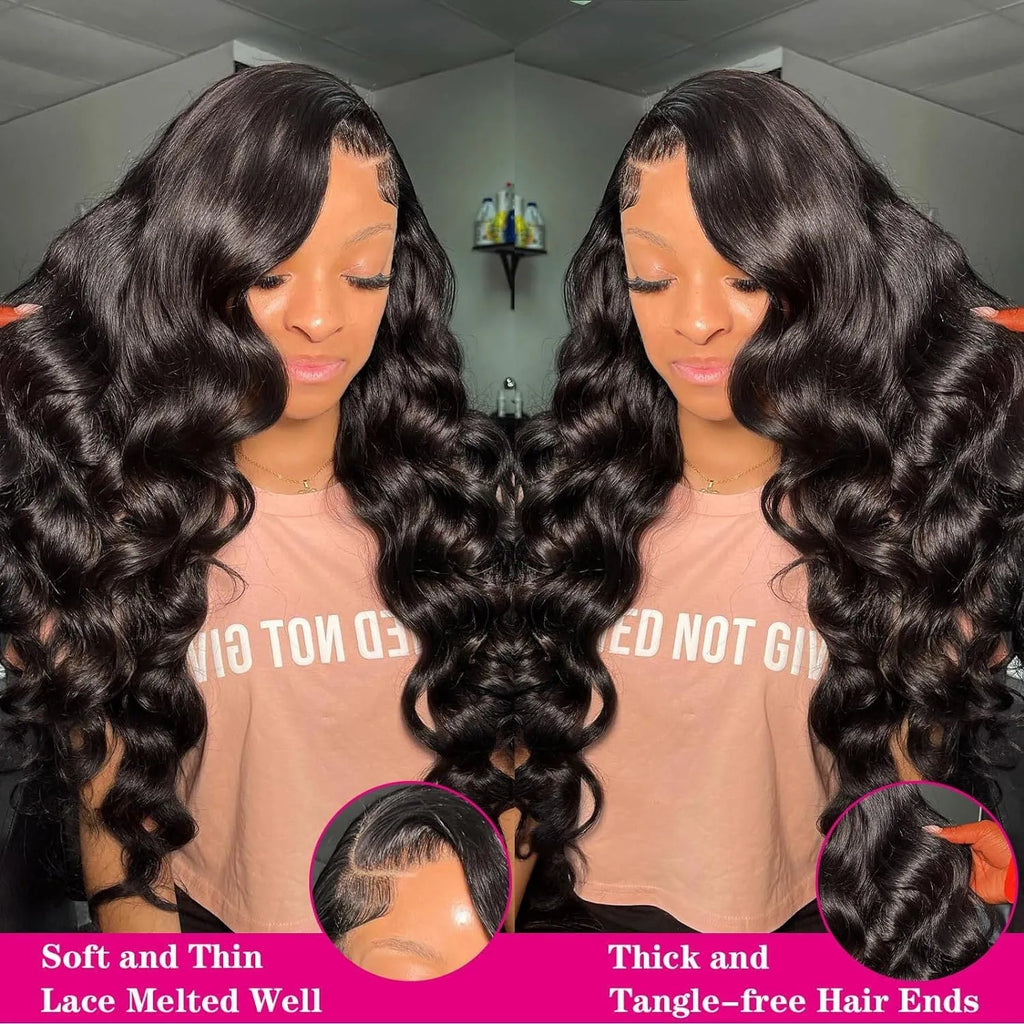Black medium-long wavy full-head synthetic wig on a mannequin head showing curly texture and lace front detail.