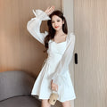 White women's chiffon patchwork dress with waist-slimming design and long sleeves