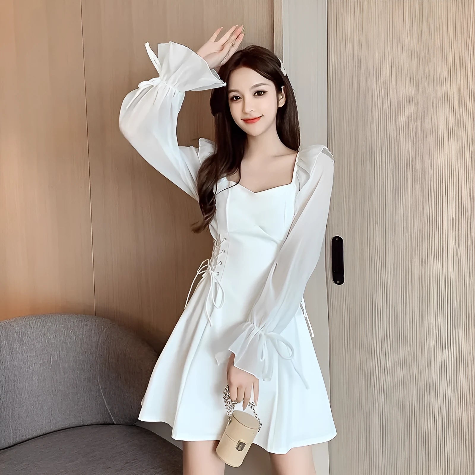 White women's chiffon patchwork dress with waist-slimming design and long sleeves