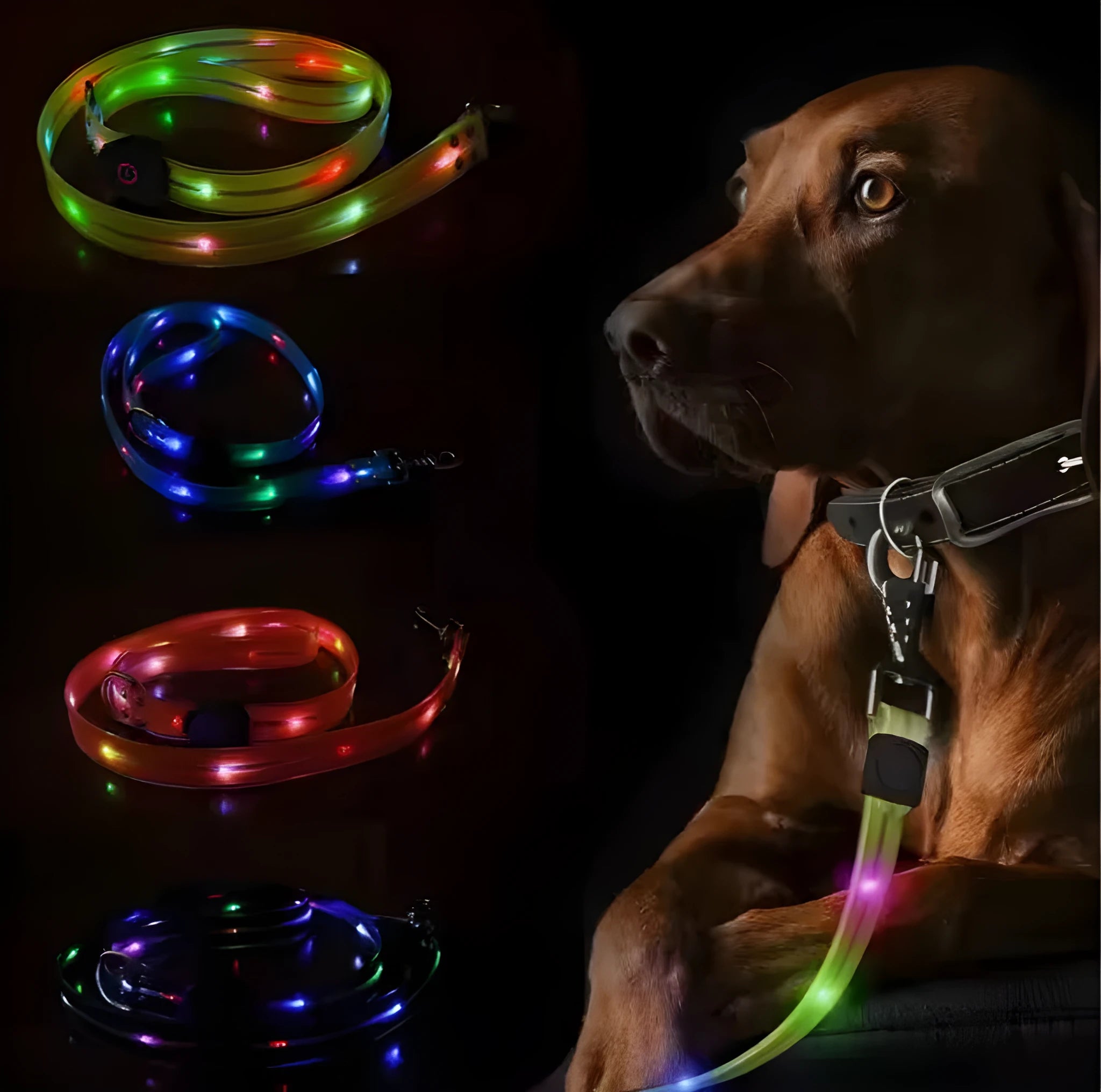 PVC dog leash and collar in orange, black, fluorescent green, or blue, showing 120cm length and hand-holding handle.