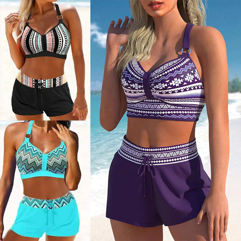 Women's navy blue and print patterned two-piece polyester blend bikini for hot springs.