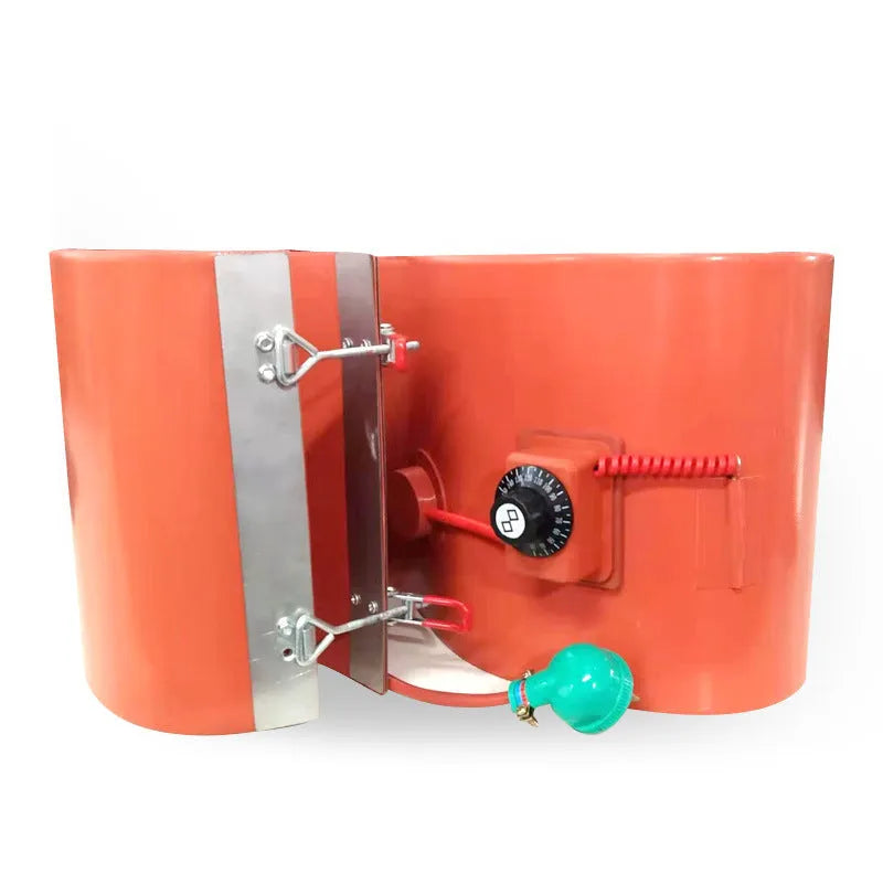 Silicone rubber heating belt wrapped around a 200-litre oil drum with digital thermostat display.