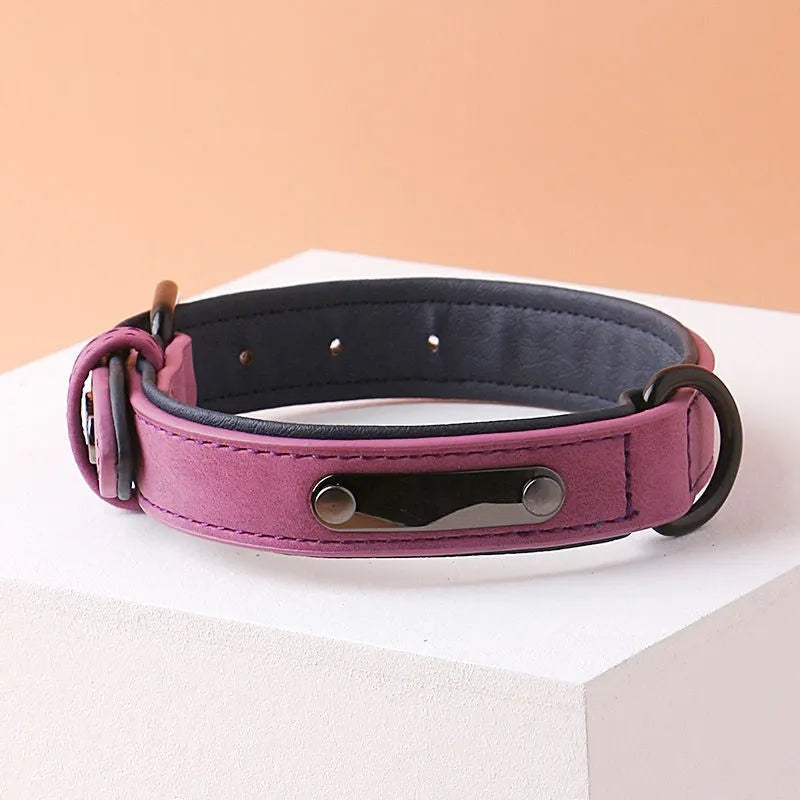 Adjustable dog collar in purple showing PU front and microfiber back, with double-layer thickened construction.
