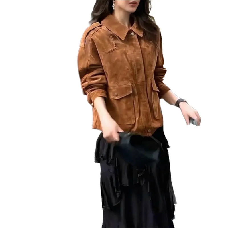 Women's brown polyester suede coat with regular sleeves in street chic style