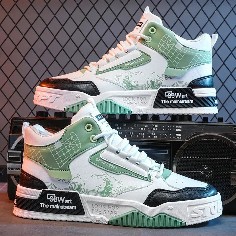 Men's beige, white, and blue high-top board shoes with flat rubber soles and lace-up front