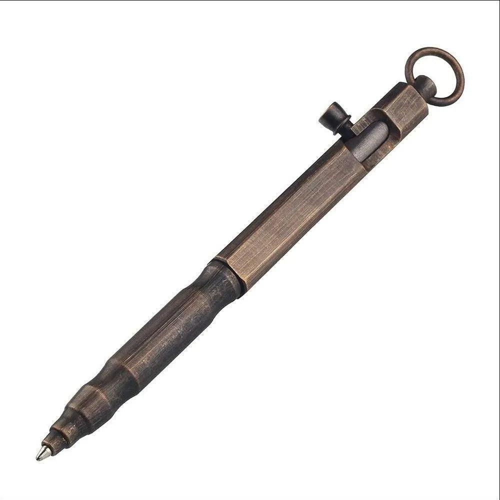 Brass machine gun tactical pen with hexagonal bolt design measuring 13cm in length