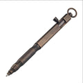 Brass machine gun tactical pen with hexagonal bolt design measuring 13cm in length