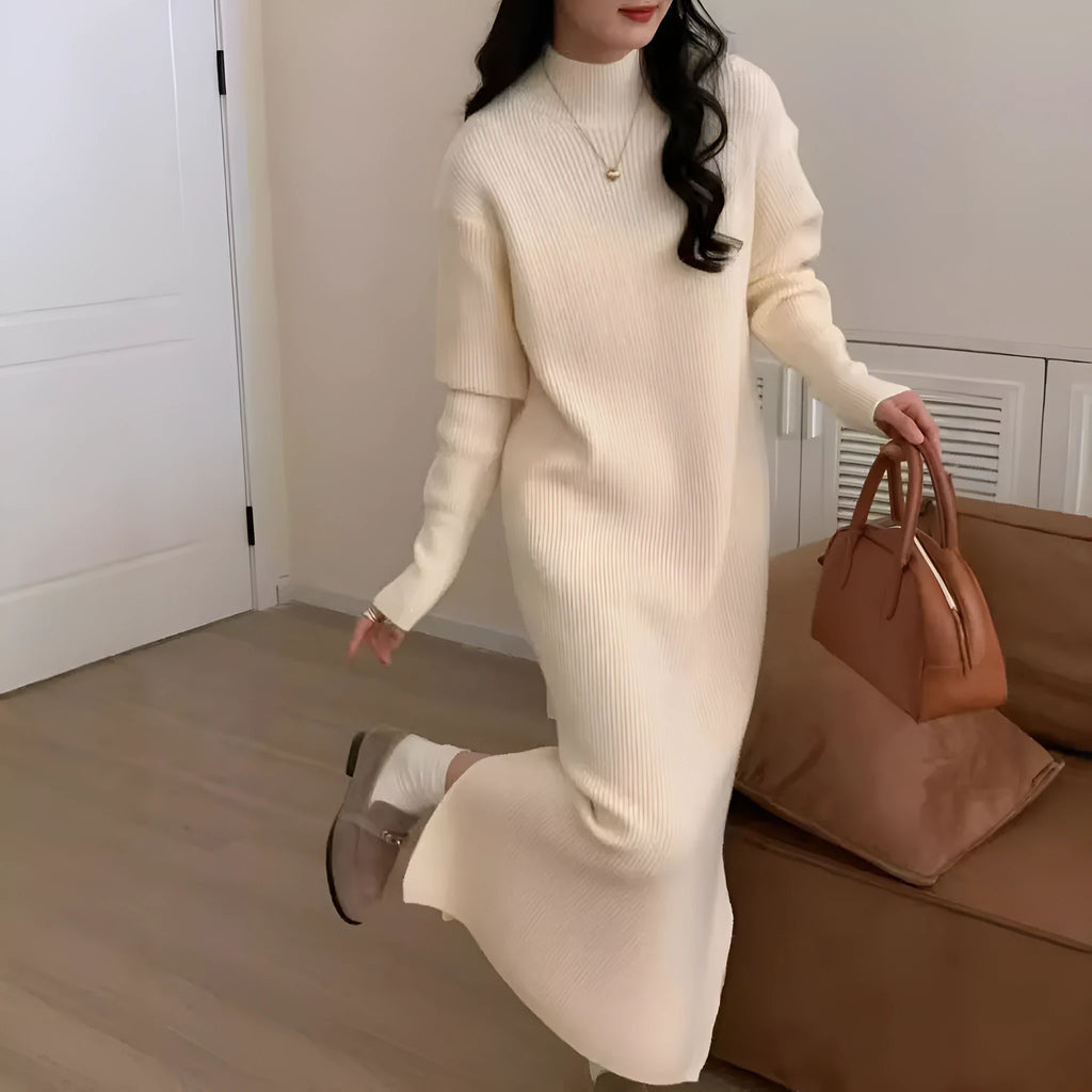 Women's half turtleneck knitted dress in acrylic fabric with high waist and midi length