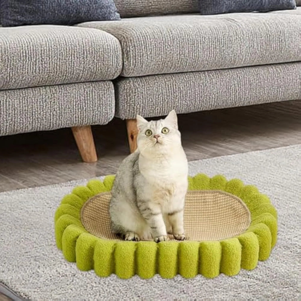 Green oval-shaped sisal cat scratching pad lounge bed on a floor.