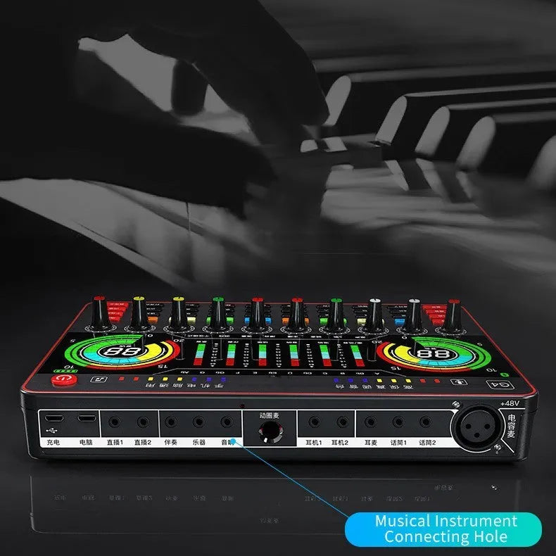 G4 professional USB sound card with LCD display, microphone, remote control and audio cables on a desk