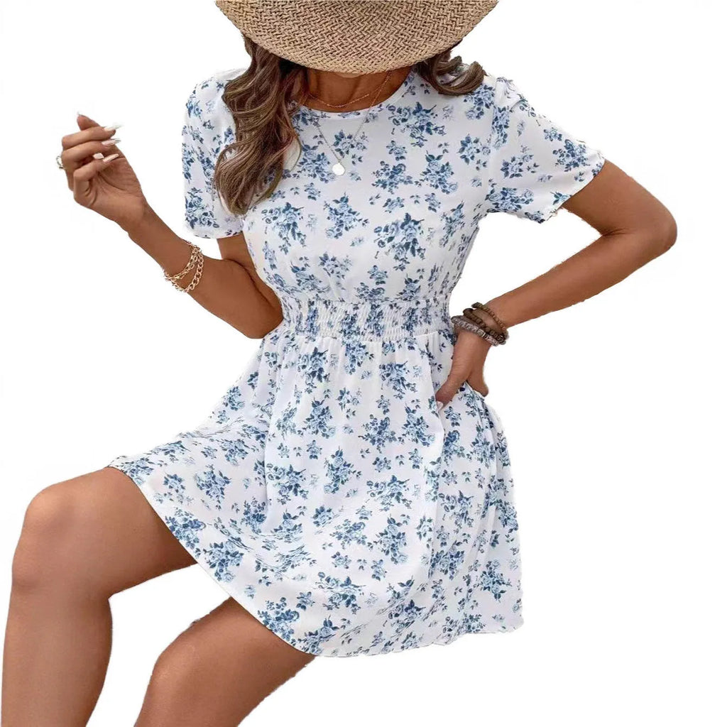 Light blue polyester A-line dress with printed design and high waist