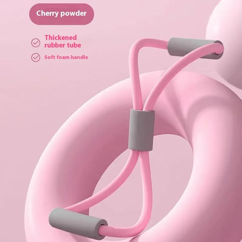 Yoga four-piece fitness set showing a leg stretching device, yoga ring, pedal expander, and figure-eight tension rope.