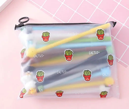 20 cartoon cactus design black gel pens inside a white plastic storage case.