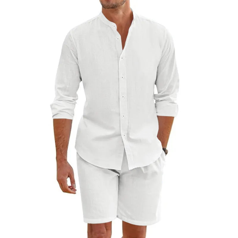 Men's dark grey hemp blend linen summer suit with short sleeve button-down shirt and drawstring shorts.
