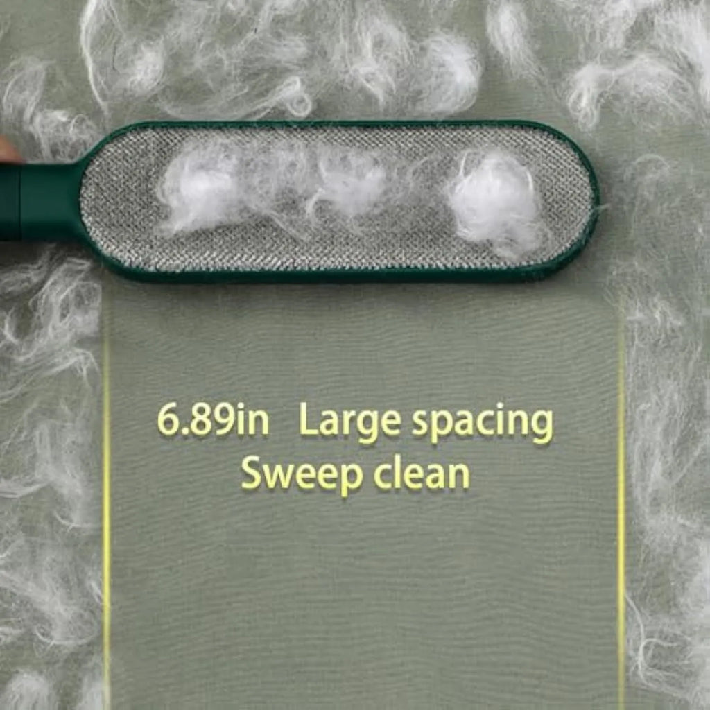 Reusable pet hair remover brush with a plush head and storage base, shown in blue, green and white colour options.