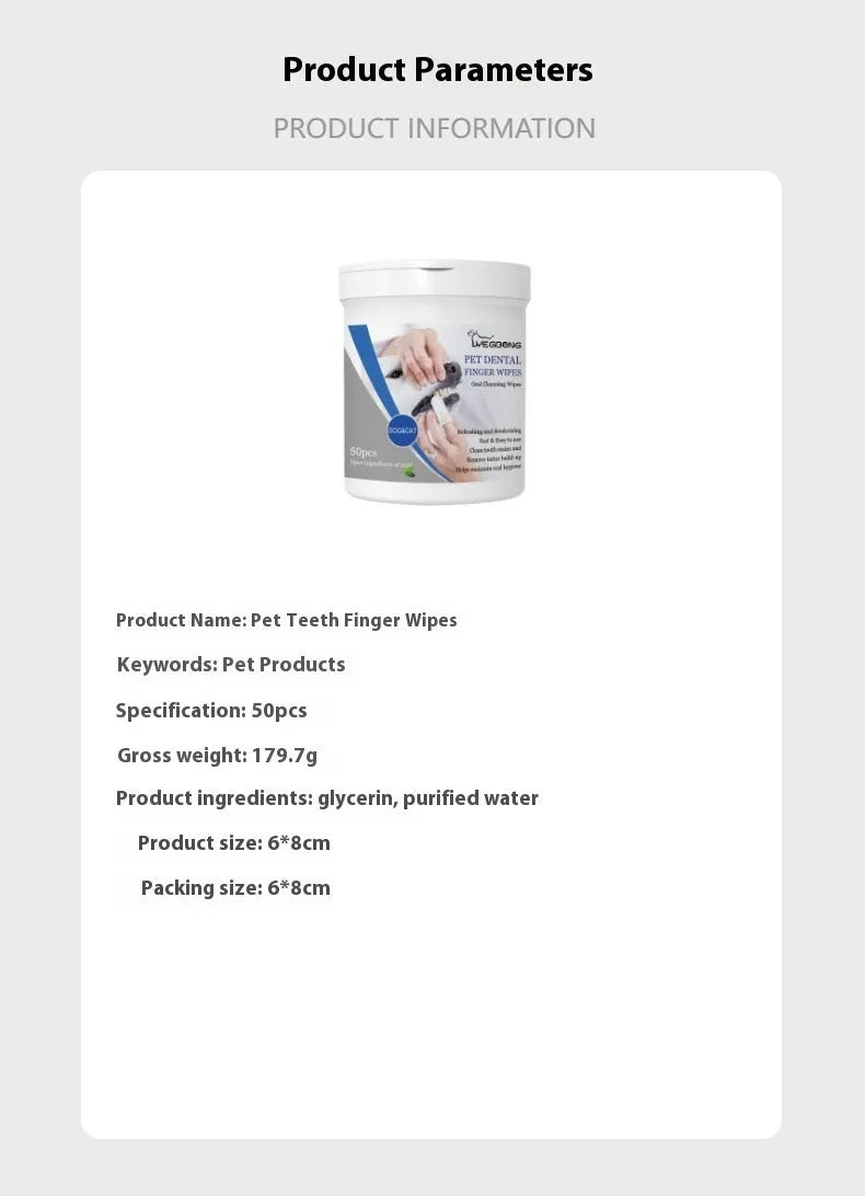 Canister of 50 dog dental finger stall wipes for canine oral hygiene with fingertip sleeve design