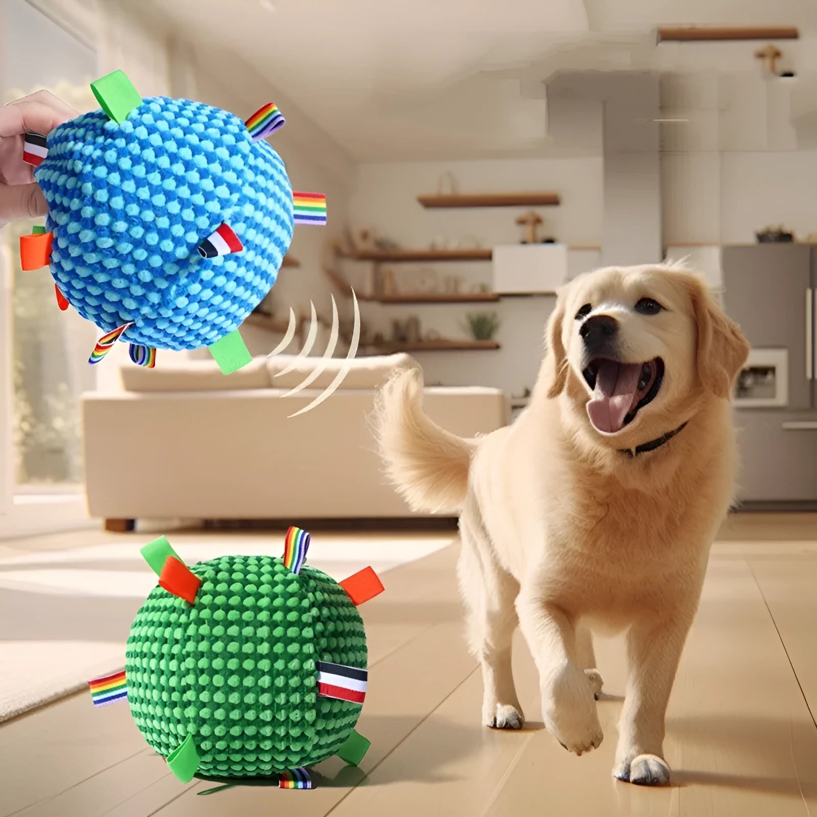 Blue pineapple lattice dog ball with rolling ring design, approximately 17cm diameter
