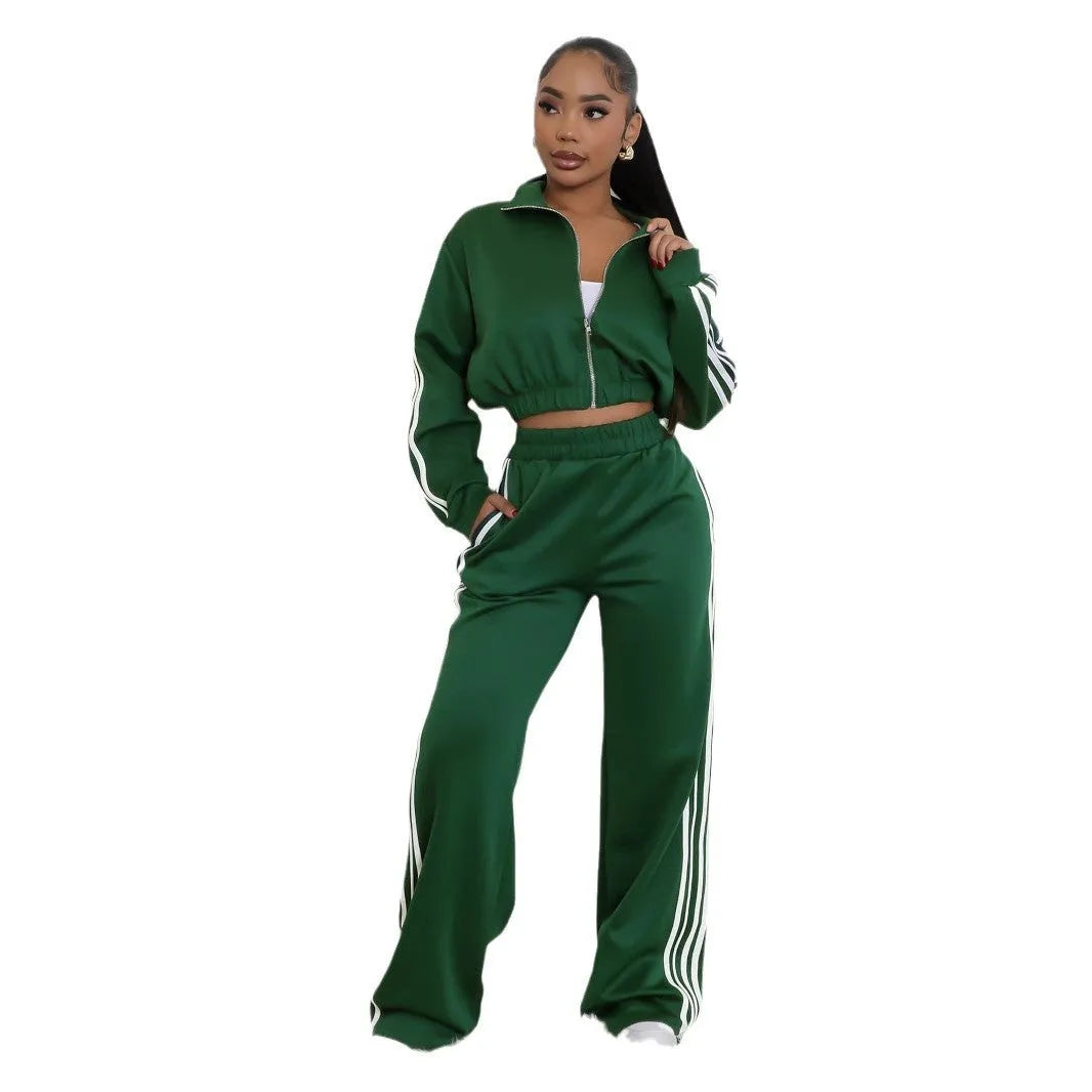 Two-piece casual suit set with zipper detailing and striped pattern in multiple colour options