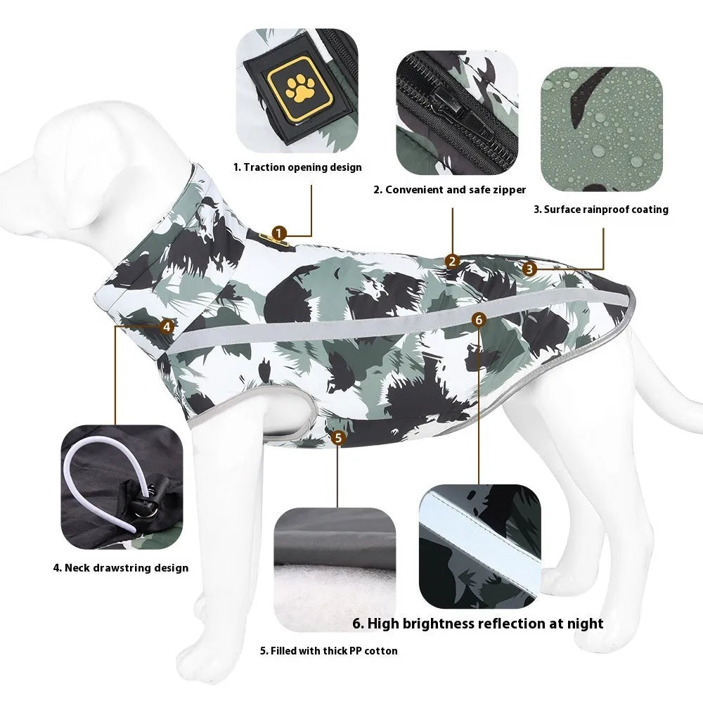 Thick reflective dog jacket in geometric blue, an insulated waterproof pet coat for cold weather.