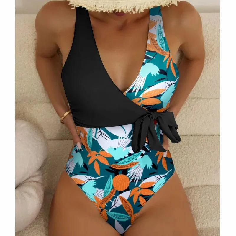 Women's high waist one-piece bikini with printed pattern in polyester and nylon swimwear fabric