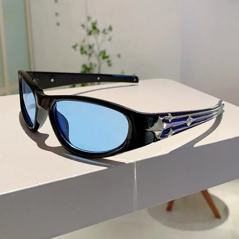 Sports sunglasses with a polycarbonate frame and lenses, shown in a choice of colours including black, red, and transparent gray.