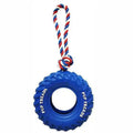 Natural rubber tyre dog chew toy with rope, 35cm, for aggressive chewers, in Black or Blue