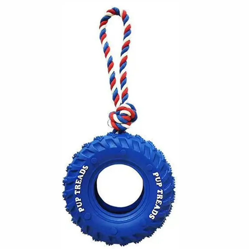 Natural rubber tyre dog chew toy with rope, 35cm, for aggressive chewers, in Black or Blue