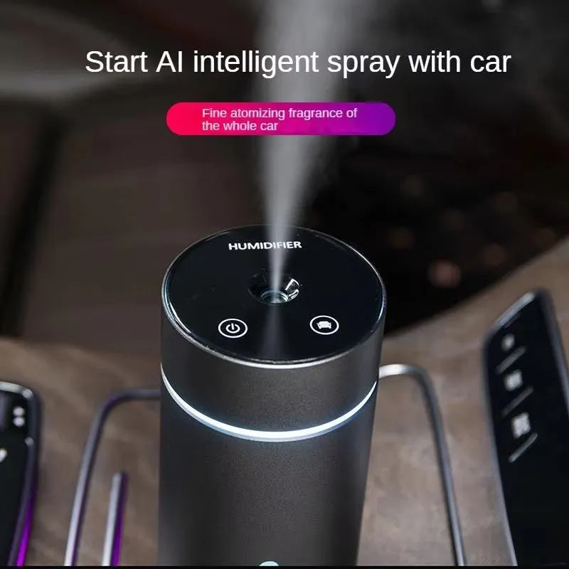 Aluminium car humidifier diffuser with night light, 260ml capacity, 66mm cube design