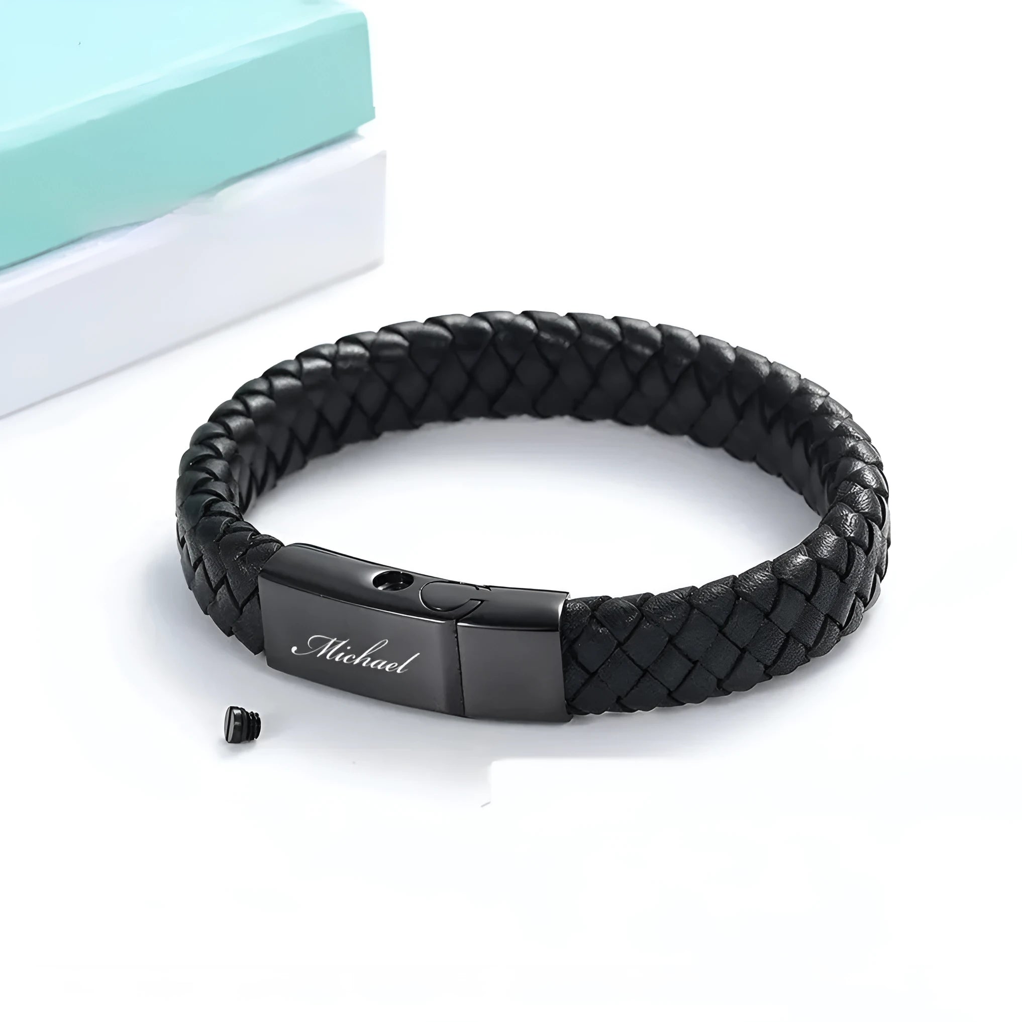 Black stainless steel bracelet with weaving design and English letter personalisation for travel commemoration