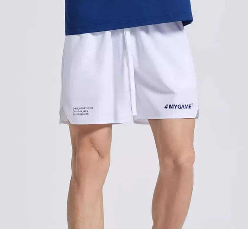 Men's blue training shorts with moisture-wicking fabric on a grey background.