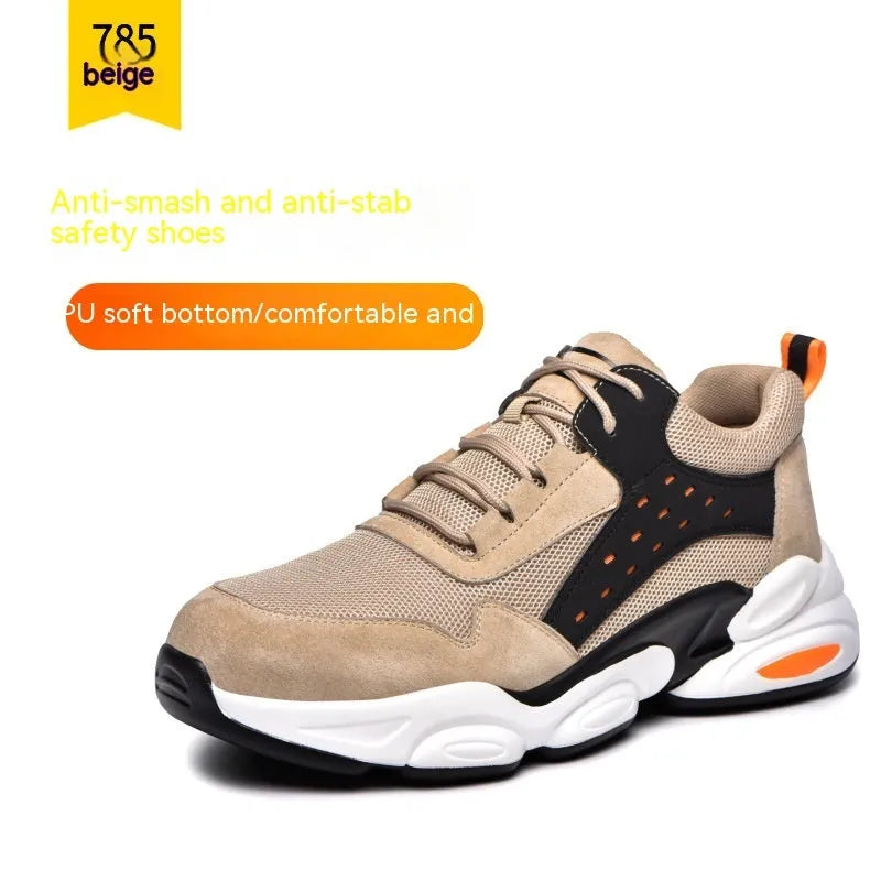 Black mesh breathable safety shoes with PU soft sole for factory and construction site work protection