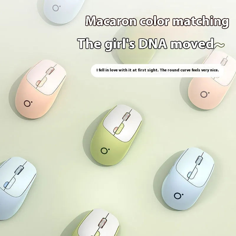 Mute wireless Bluetooth mouse in matcha green colour on a desk, showing ergonomic right-handed shape.