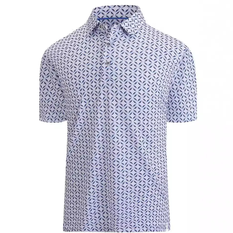 Men's short sleeve t-shirt with 3D printed pattern and zipper decoration on grey mesh fabric.