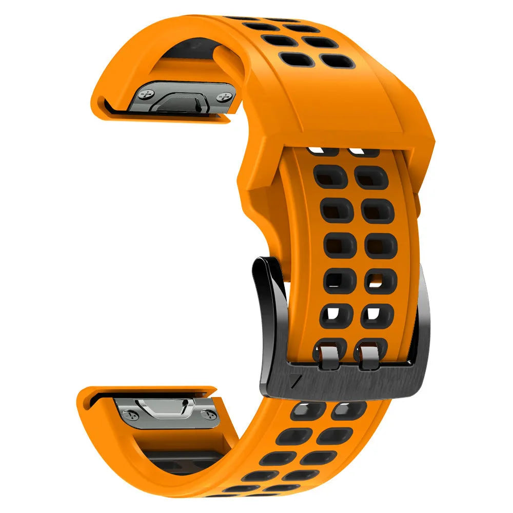 Quick release double-row hole silicone watch strap in Army Green Black colour, showing pin buckle and two width options: 22mm and 26mm.