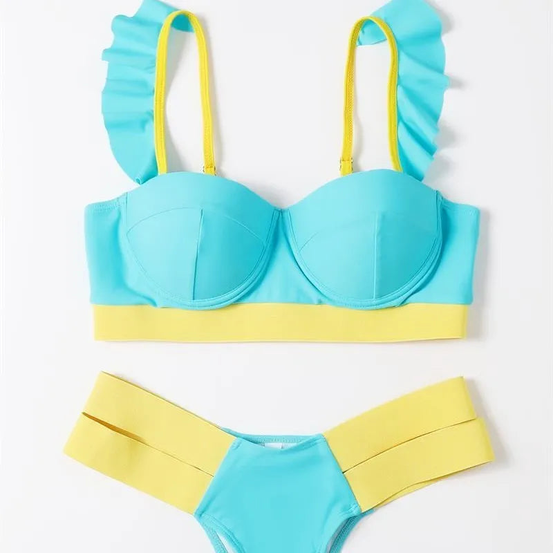 Women's push-up bikini swimsuit with steel bracket support in rose red, black, peacock blue and blue colours