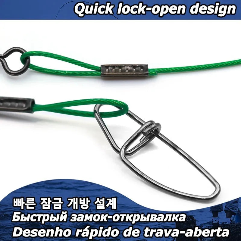 10 anti-bite steel wire fishing double buckle pins in green black red colours measuring 54cm long