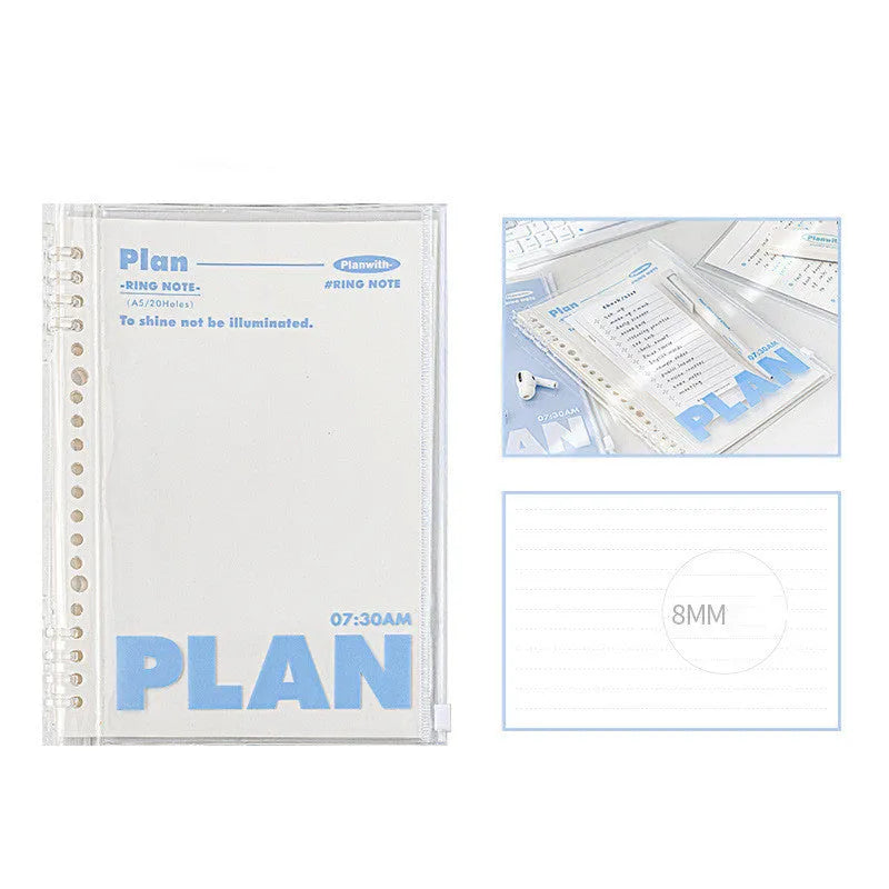 A5 blue PVC spiral-bound notebook with a transparent front pocket for loose-leaf paper.