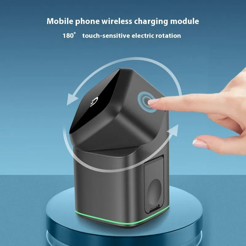 Black magnetic wireless phone charging stand showing 180-degree rotation on a desk